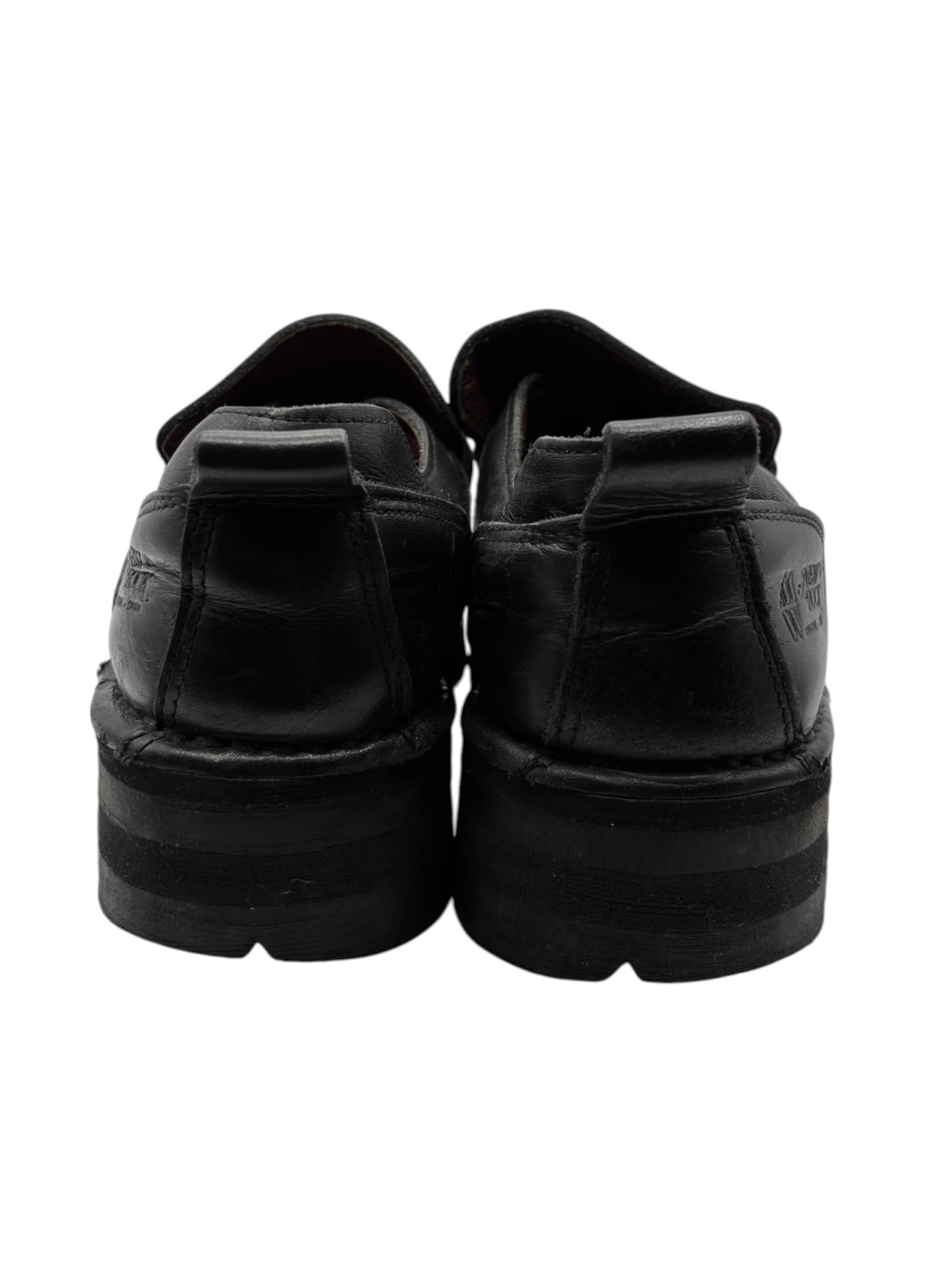 Vintage New Rock leather loafer rear view, black leather with lug sole