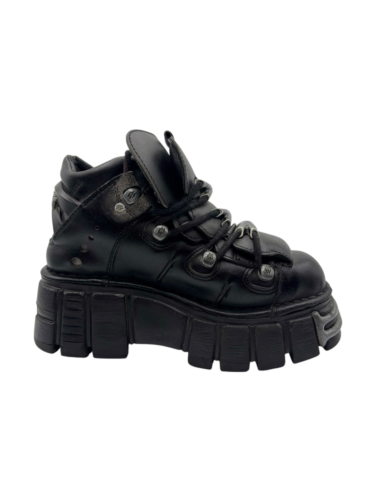 New Rock black platform boots with lace-up front, studs, and side strap detail