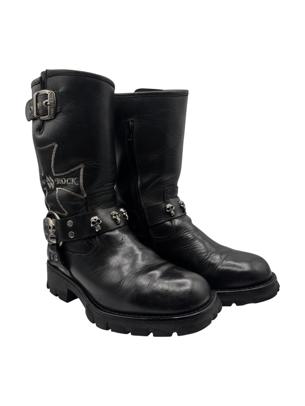 Leather biker boots with side buckle strap and studded front panel