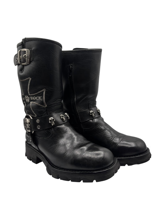 Leather biker boots with side buckle strap and studded front panel