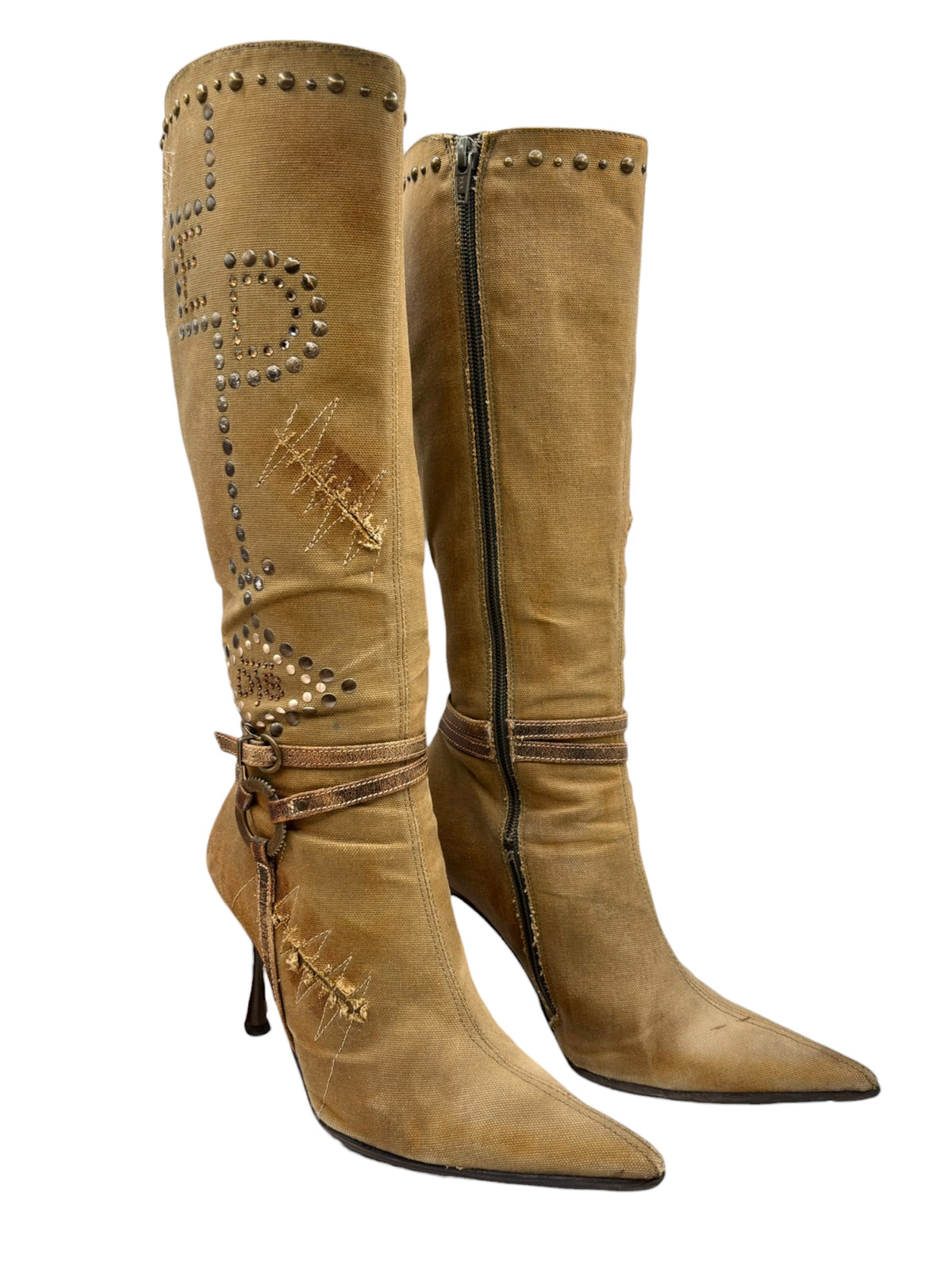 El Dantes tan knee-high suede boots with studded heart motif and tied ankle strap