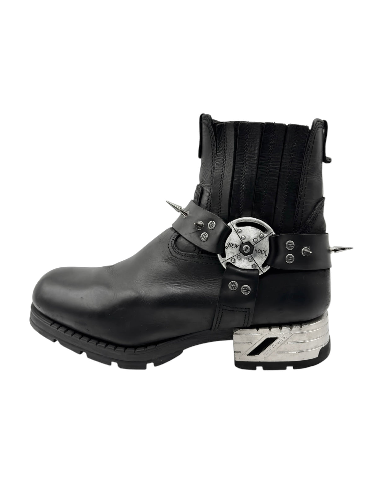 Black New Rock-style biker boots with side elastic panels and spike strap