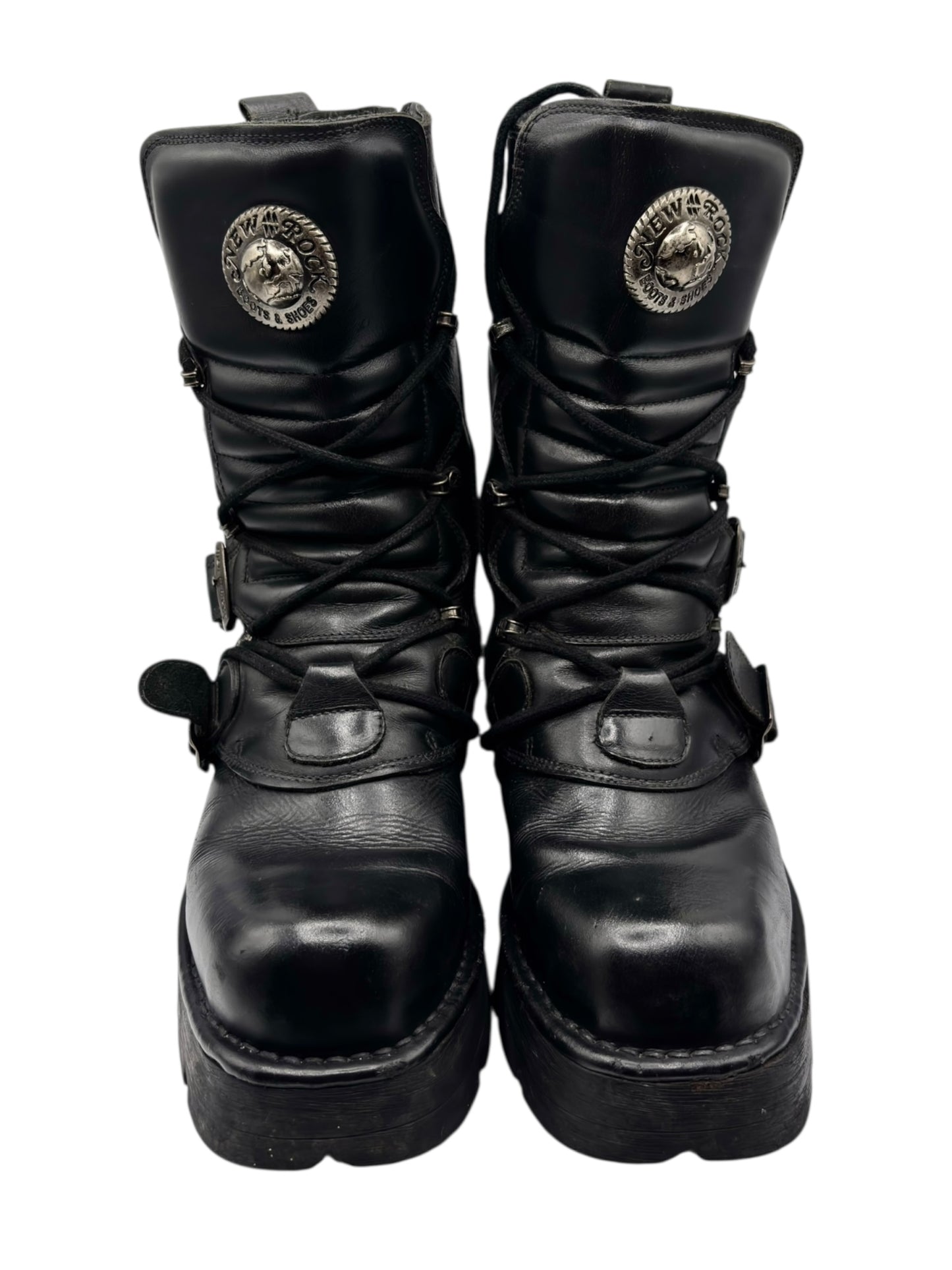 Vintage New Rock buckled raised-heel mid-calf leather boots size 40