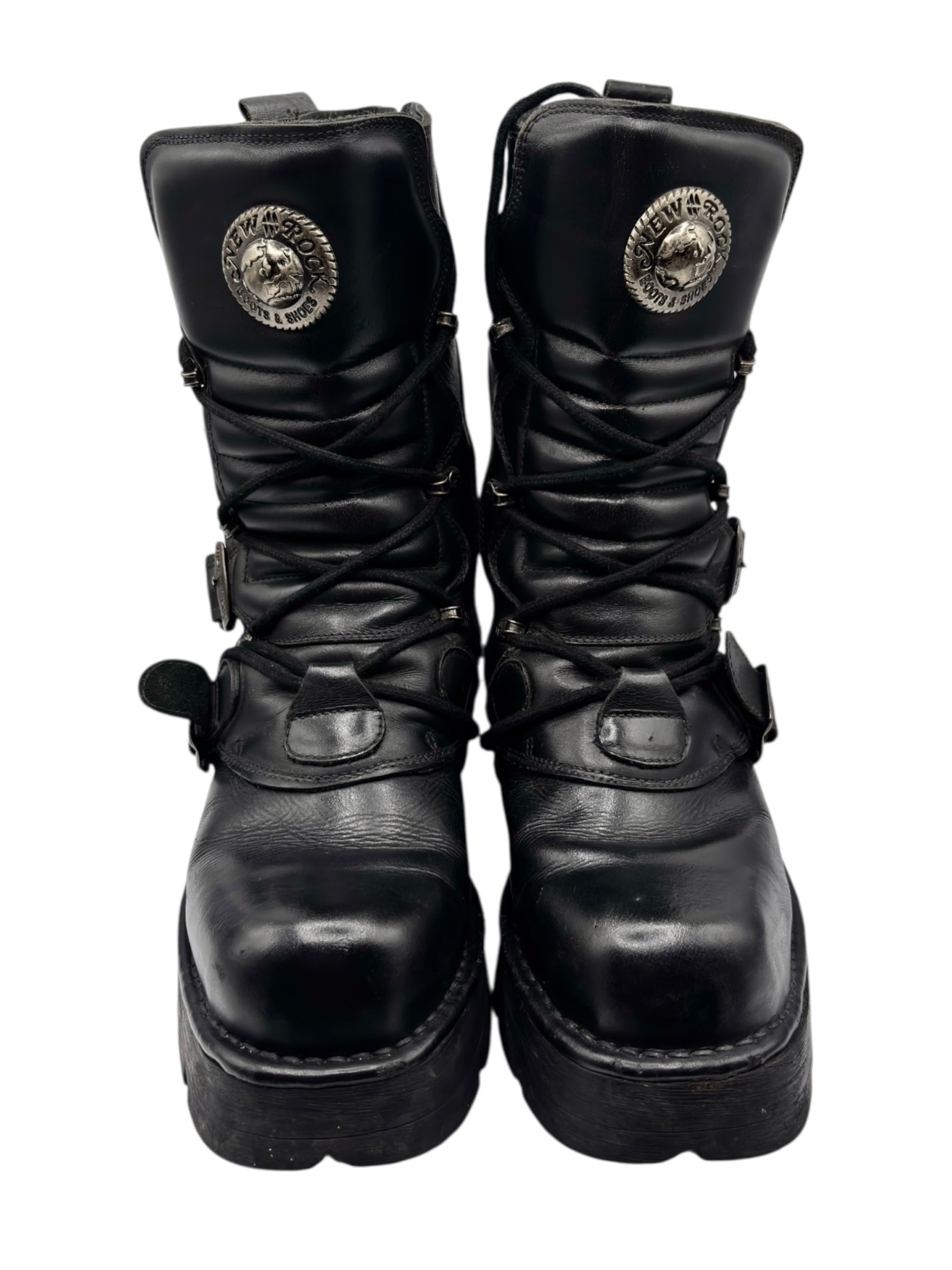 Vintage New Rock buckled raised-heel mid-calf leather boots size 40