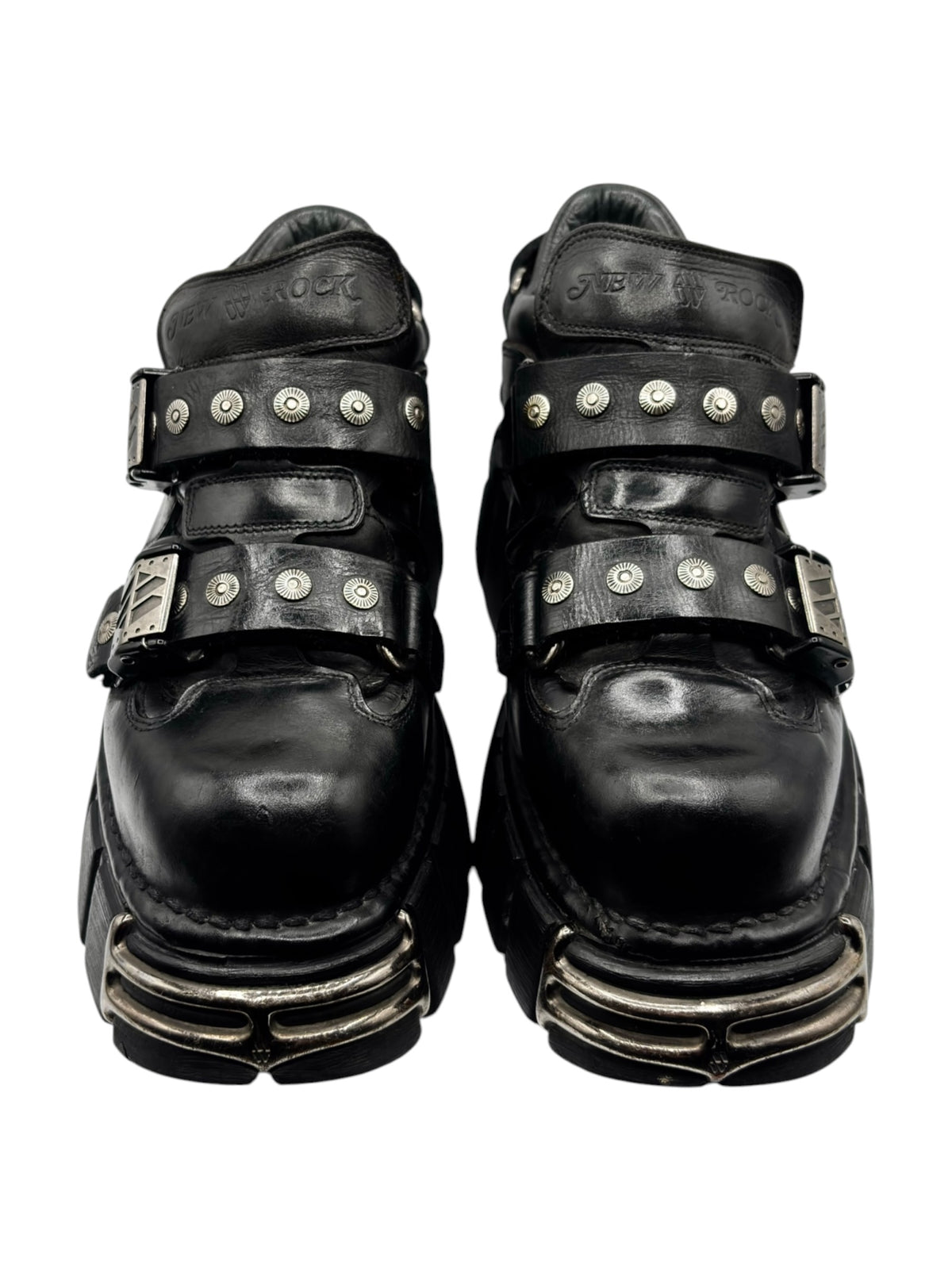 Vintage New Rock studded strap platform boots, back view with studded straps