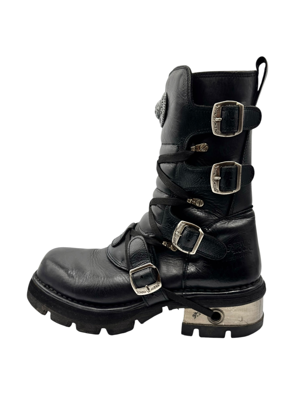 Black leather lace-up ankle boots with three buckle straps and lug sole