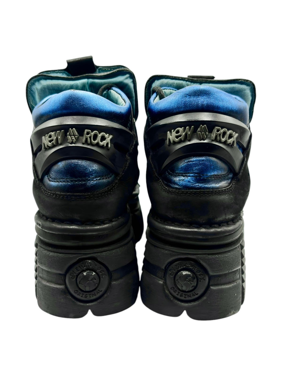 New Rock platform boots, black with blue patterned panels and back branding