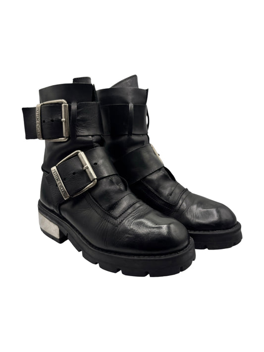 Vintage leather buckle ankle boots, black with side buckles and block heel.