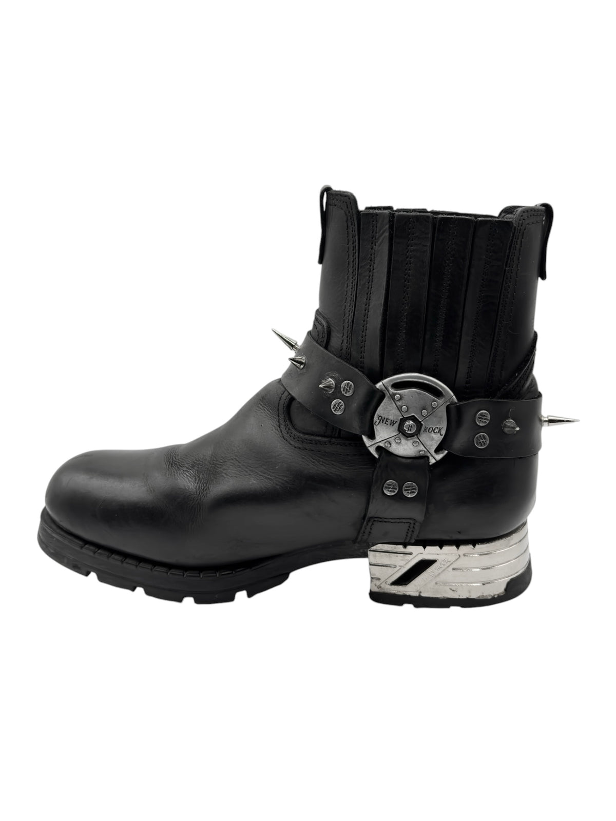 Black spiked biker boots with elastic side panels and chunky tread sole