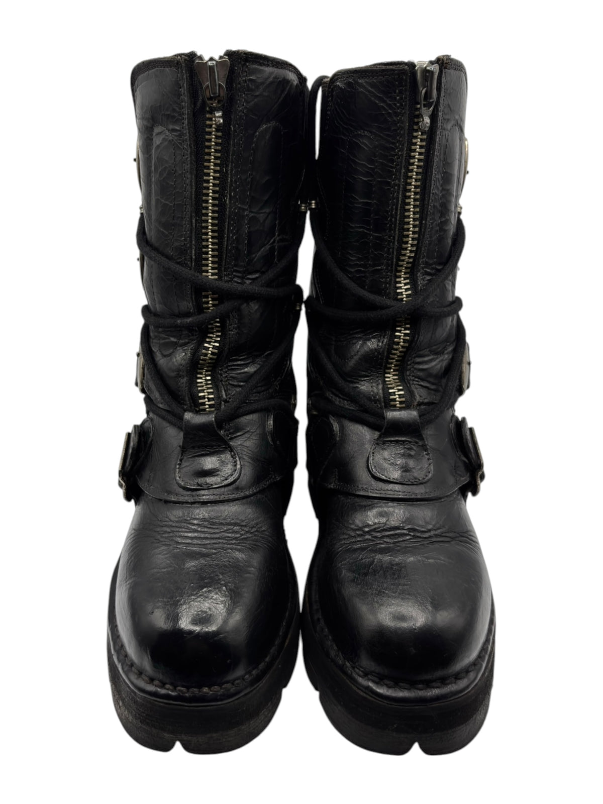 New Rock mid-calf leather boots, black, side zippers and buckled straps