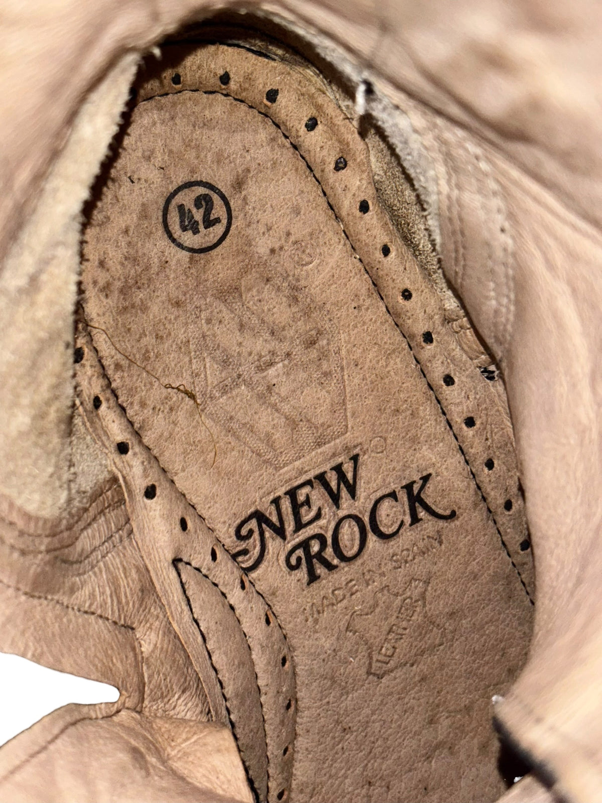 Vintage New Rock leather boots with perforated lining and "New Rock" insole stamp