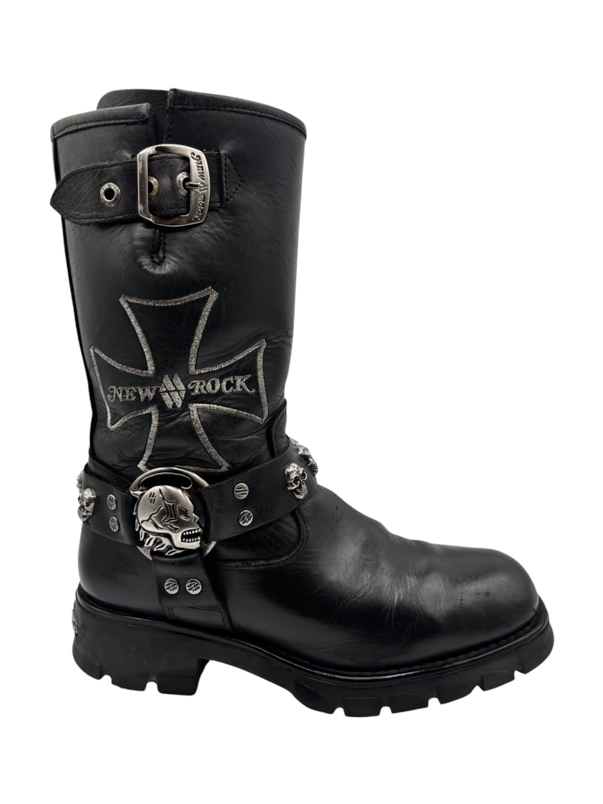 Black leather biker boots with buckle, star cross emblem, and skull hardware