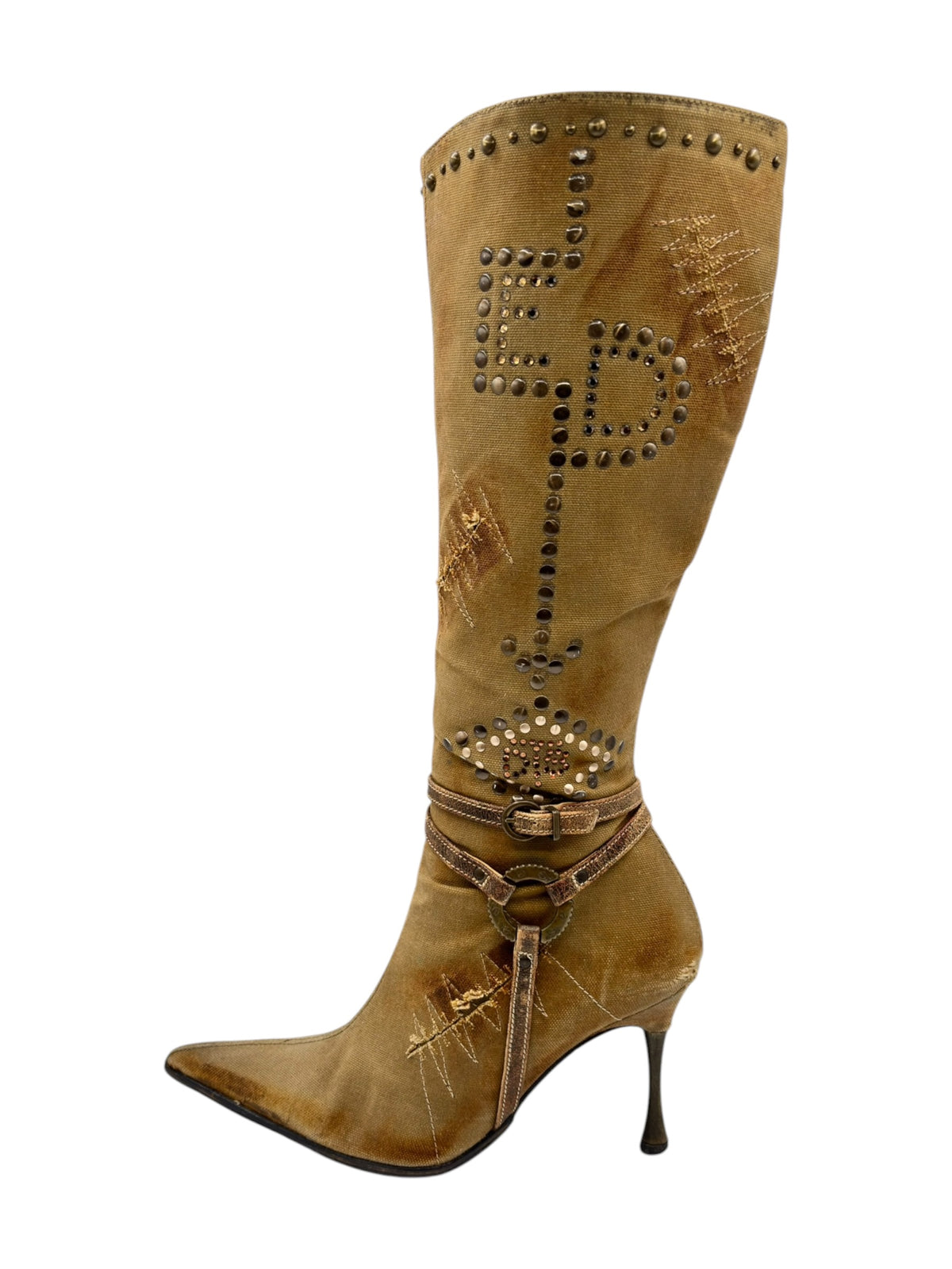 Tan knee-high boots with rhinestone heart and adjustable ankle strap