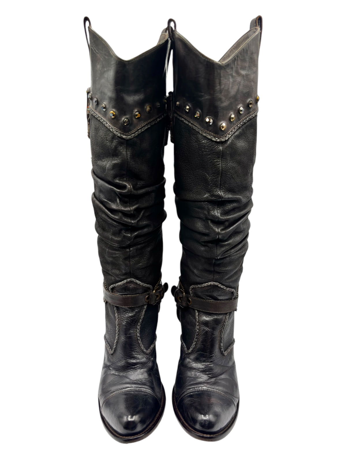 Pair of black knee-high leather boots with studded V-panel