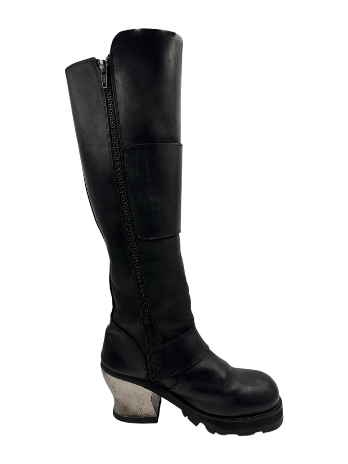 Black knee-high boots with side zipper and chunky rubber sole