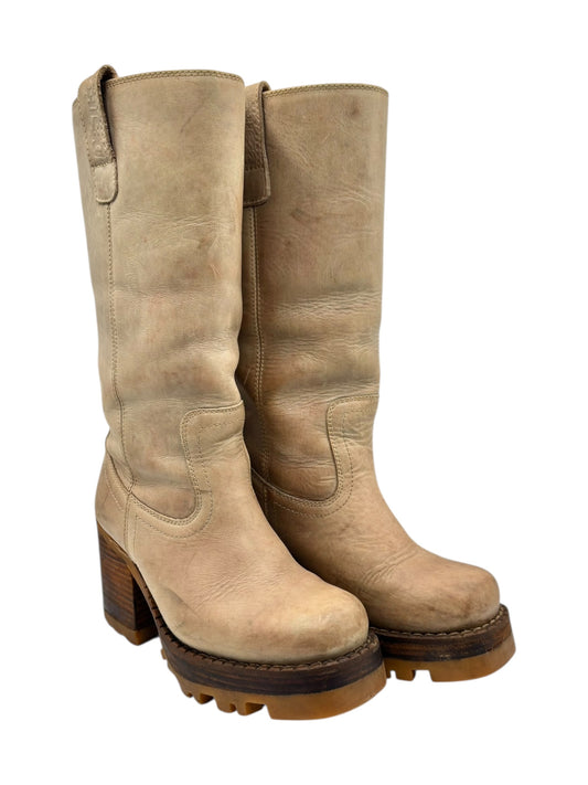 Beige vintage ankle platform boots with block heel and side pull tabs