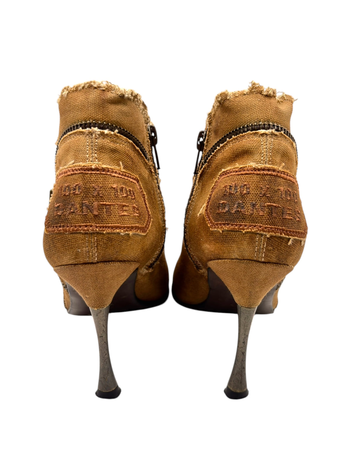Vintage brown denim ankle boots, pointed stiletto heels, rear view with zip detail