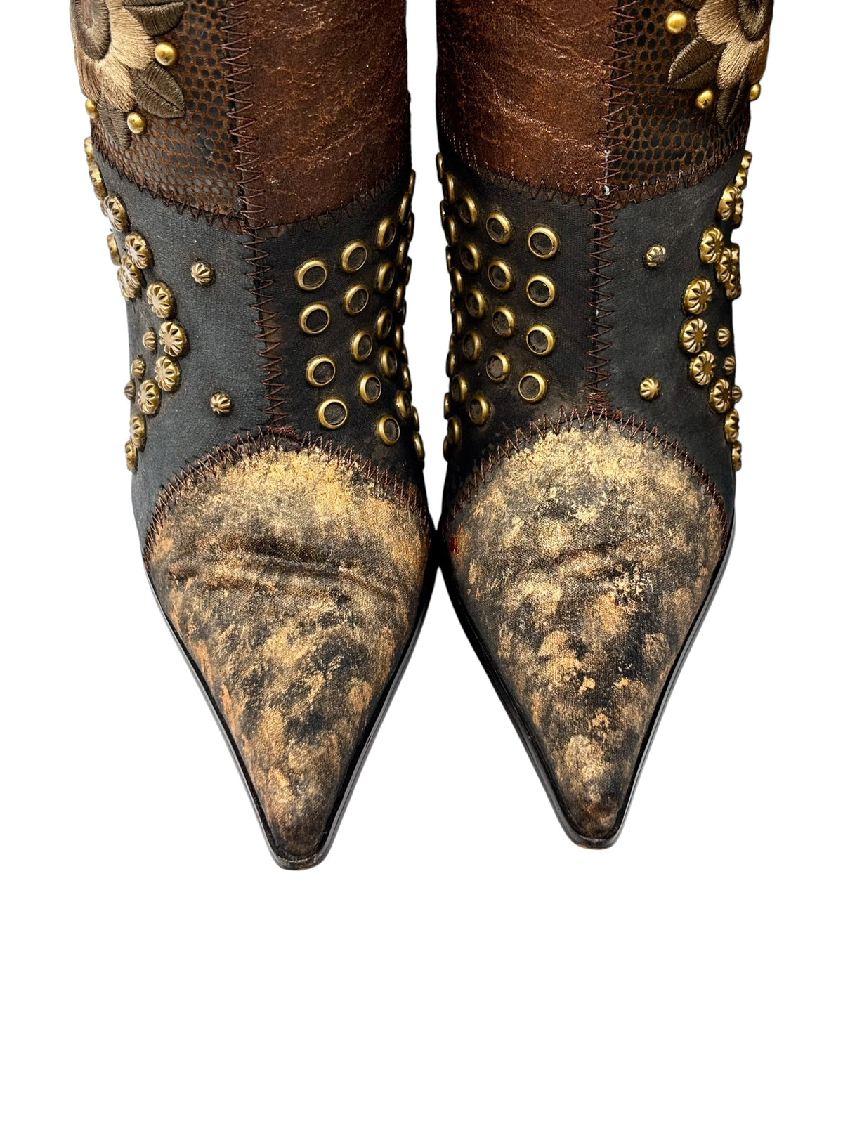 El Dantes vintage knee-high boots with pointed toe, studded panels, burnished finish