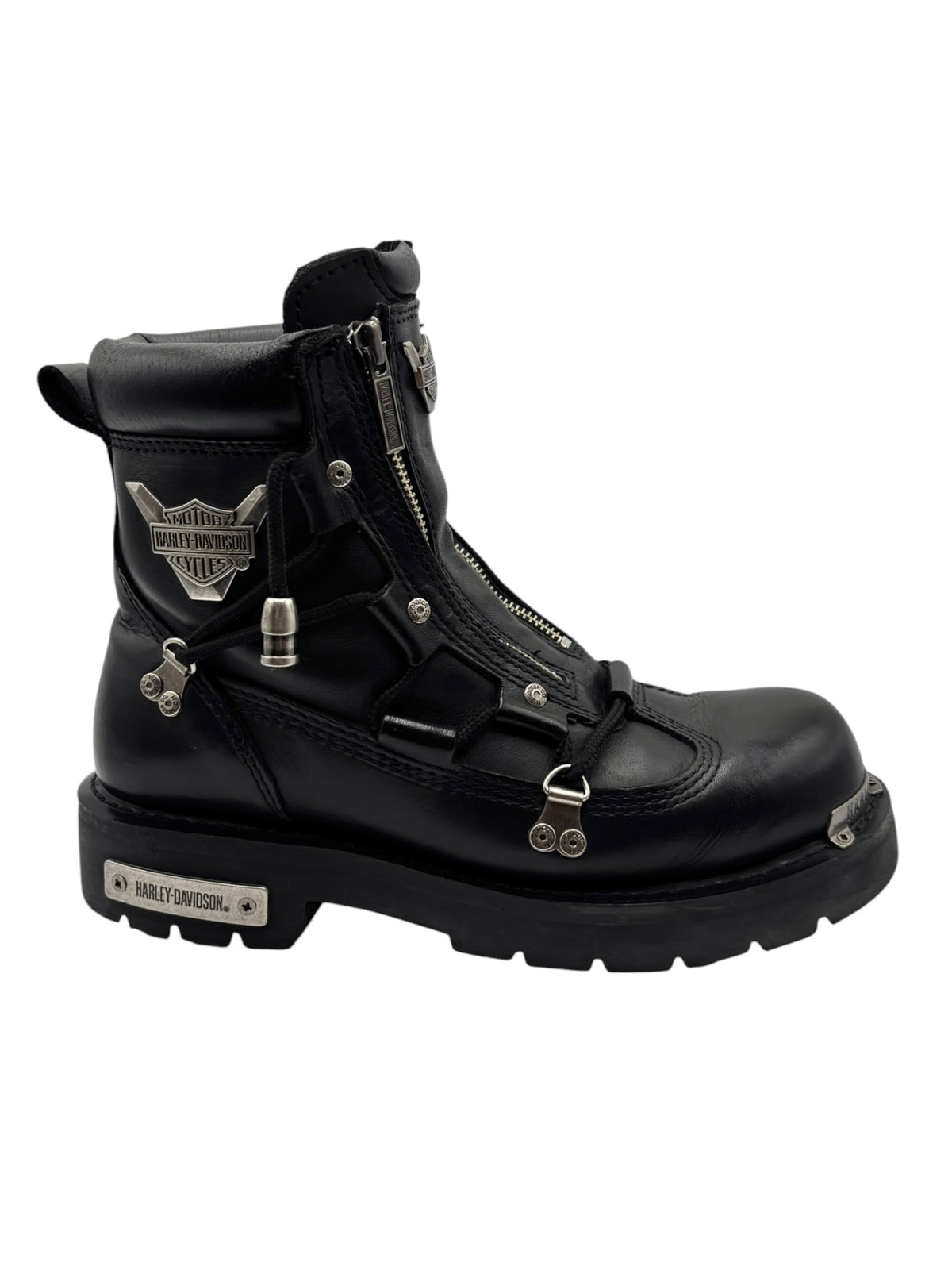 Black leather motorcycle boot with side wing emblem and zip closure on platform sole