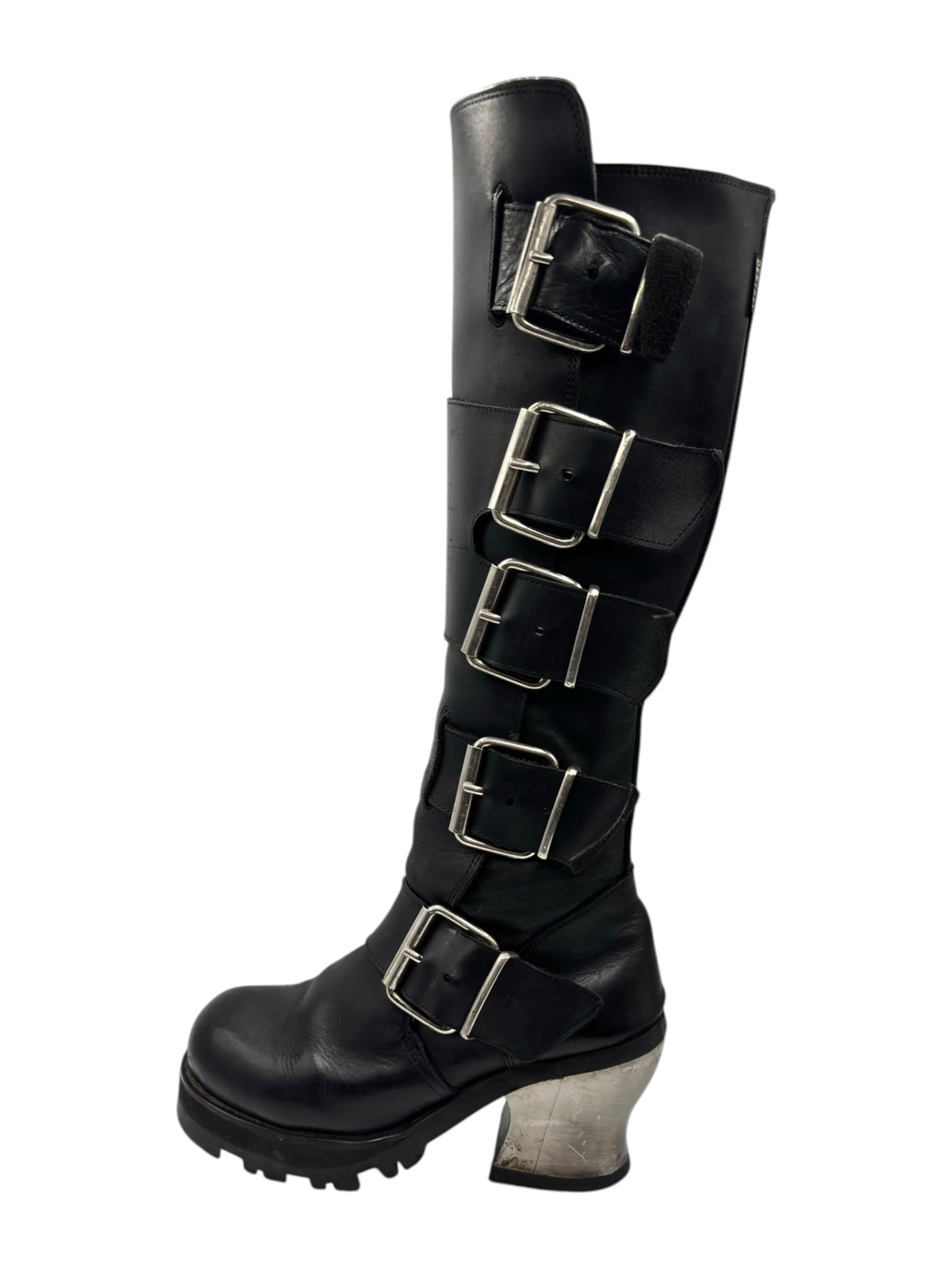 Black knee-high boots with four metal buckle straps and stacked block heel