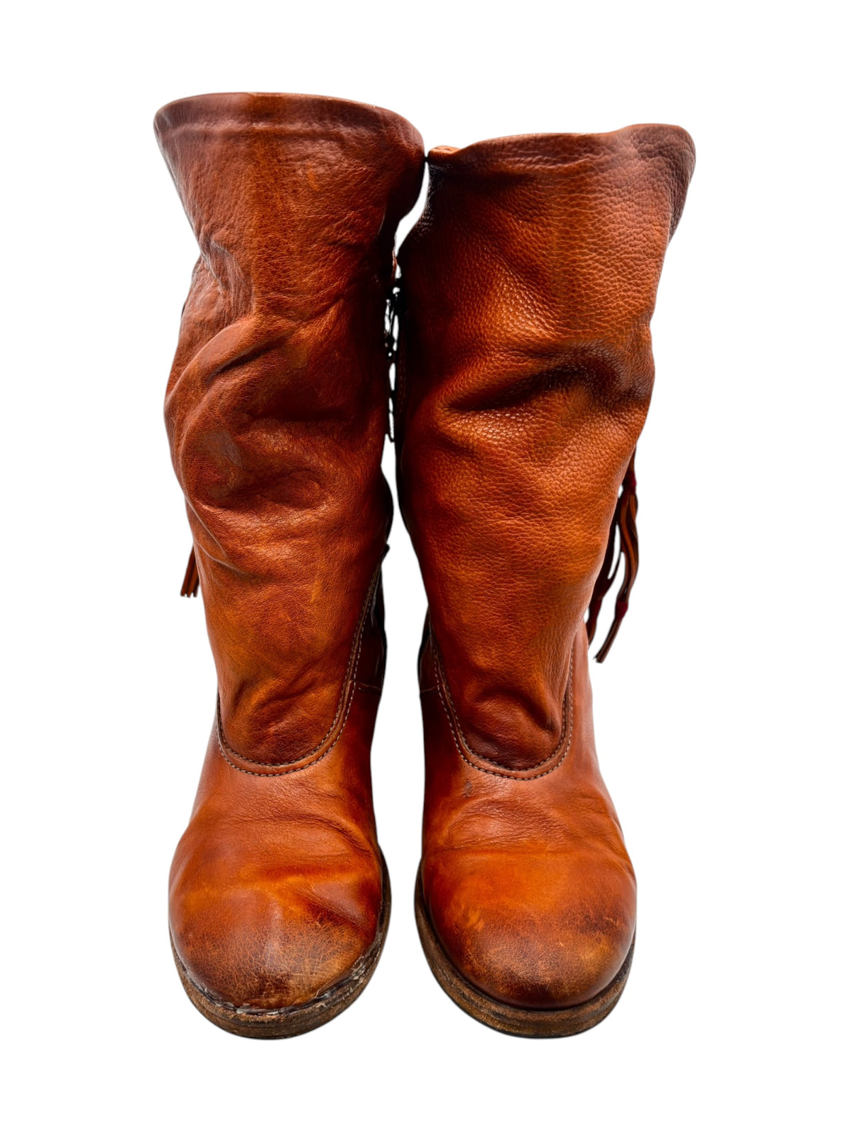 Leather mid-calf boots back view with tassel pulls and creased shaft