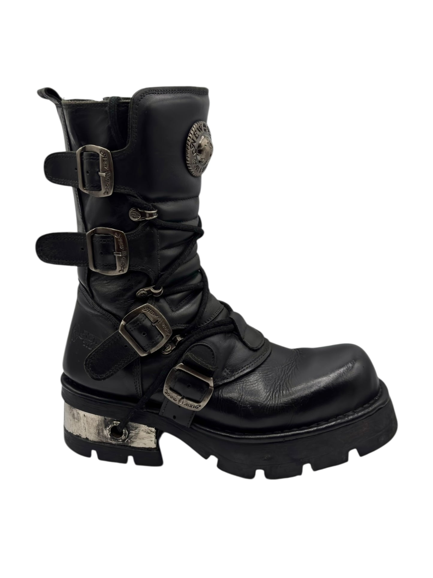 Vintage New Rock buckled raised-heel mid-calf leather boots size 40