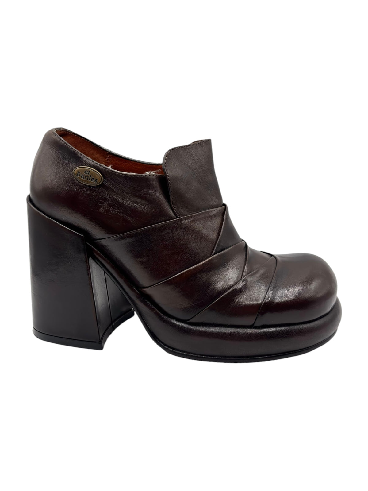 Dark brown leather heeled shoes with rounded toe and side pull tab detail