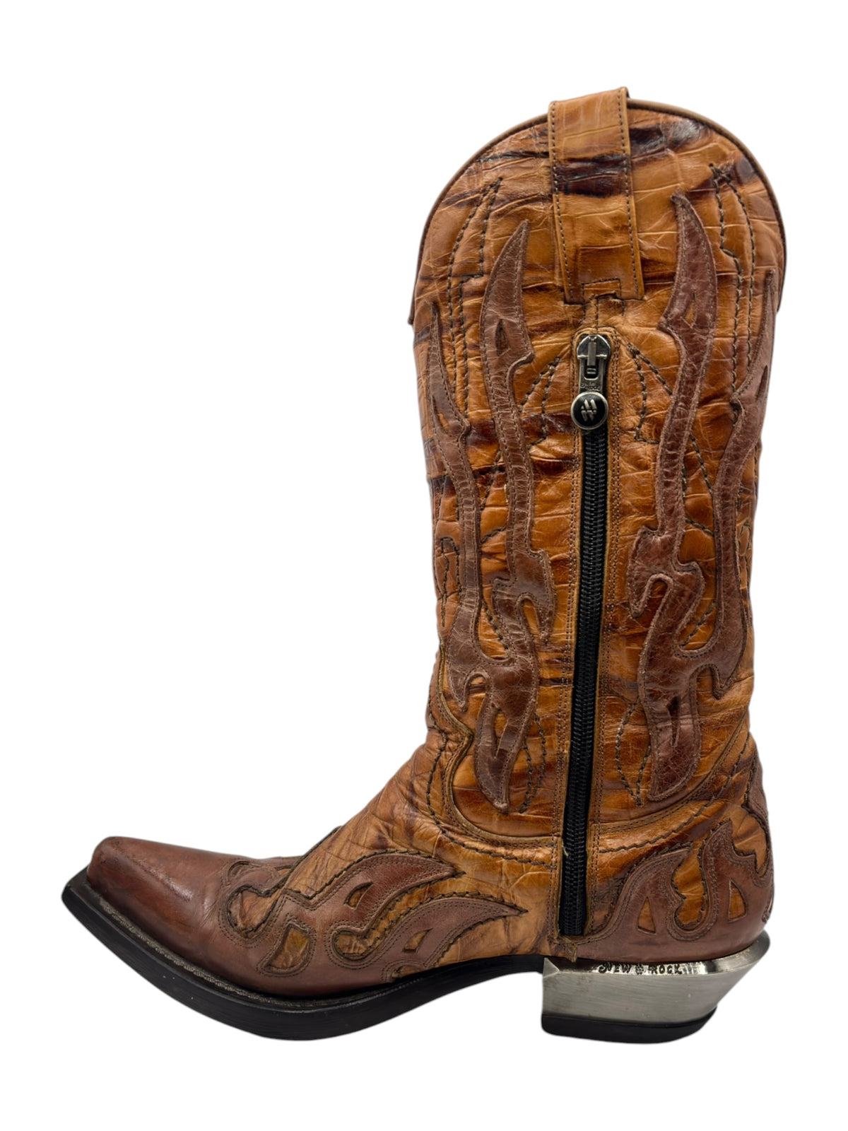 Brown mid-calf cowboy boot front view with central zipper and stitched details