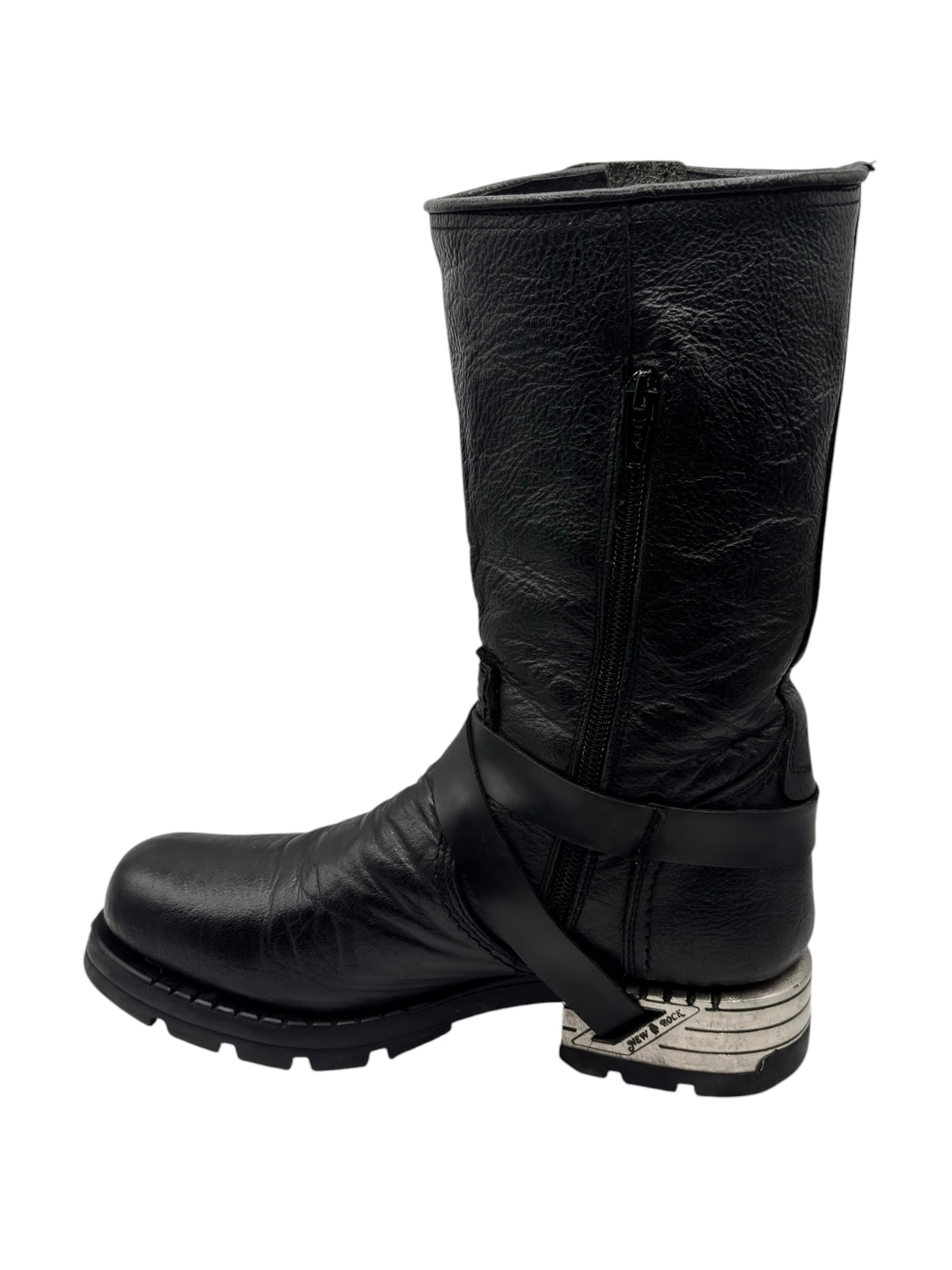 Black leather biker boots with front zipper and chunky tread sole