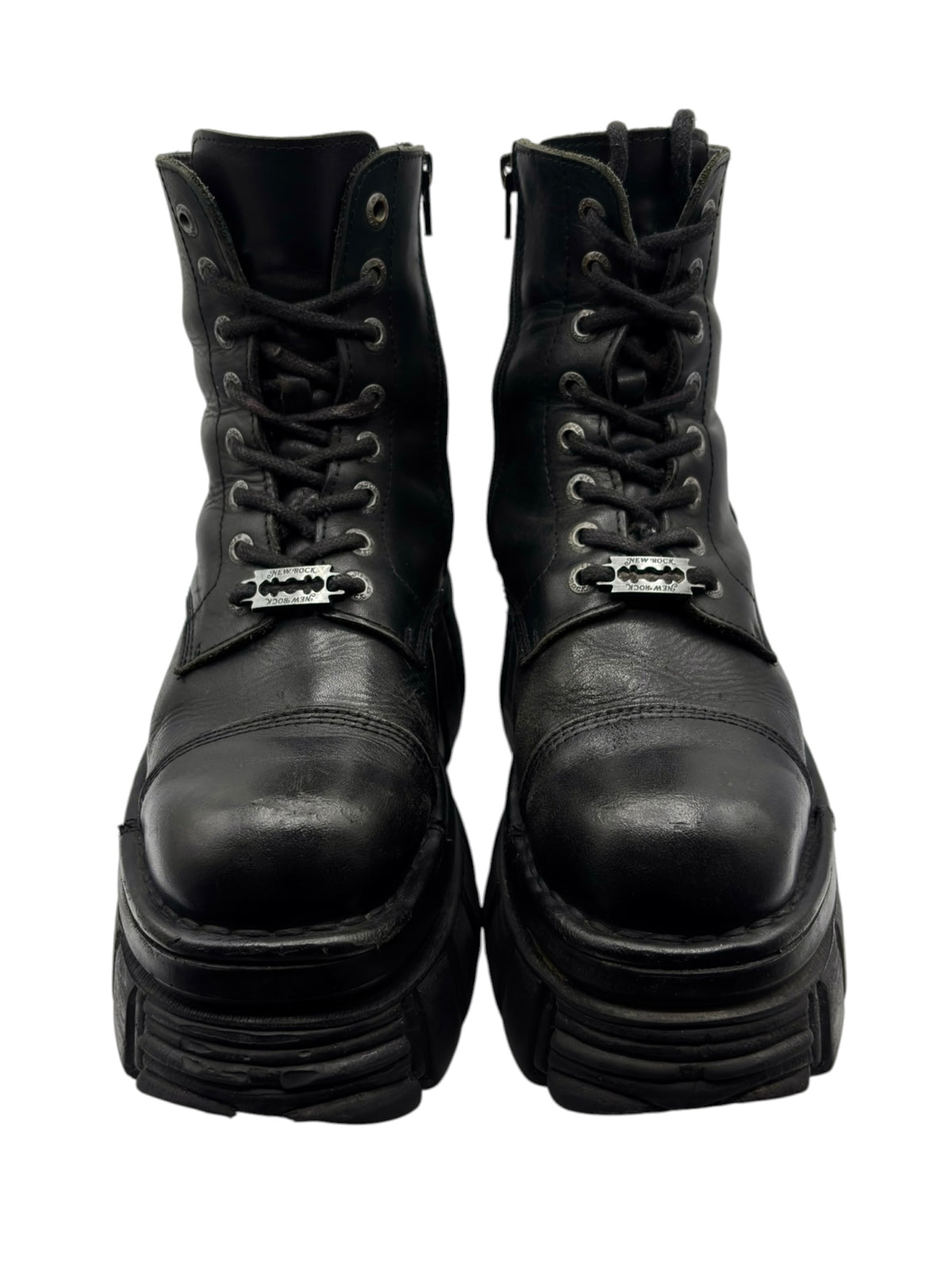 New Rock Mili black leather lace-up platform boots, front view with thick lugs and eyelets