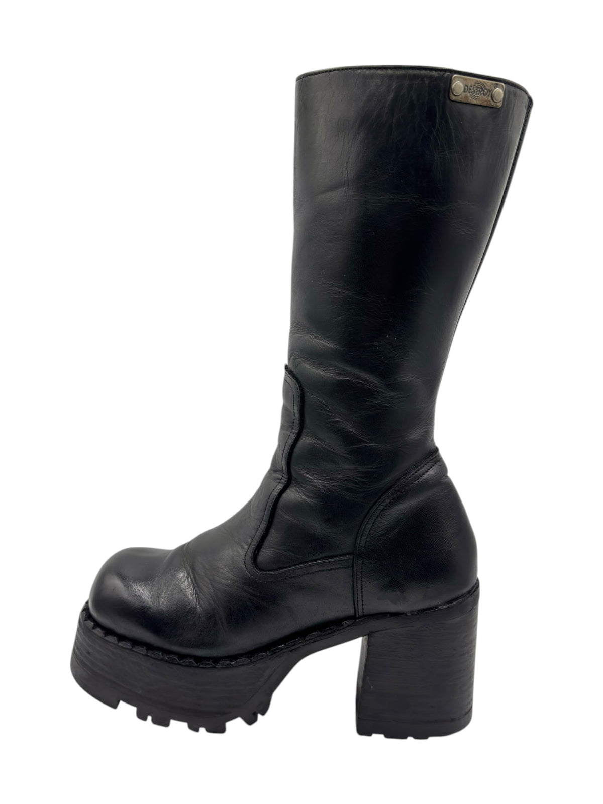 Black knee-high block heel boots with smooth leather look and side pull tab