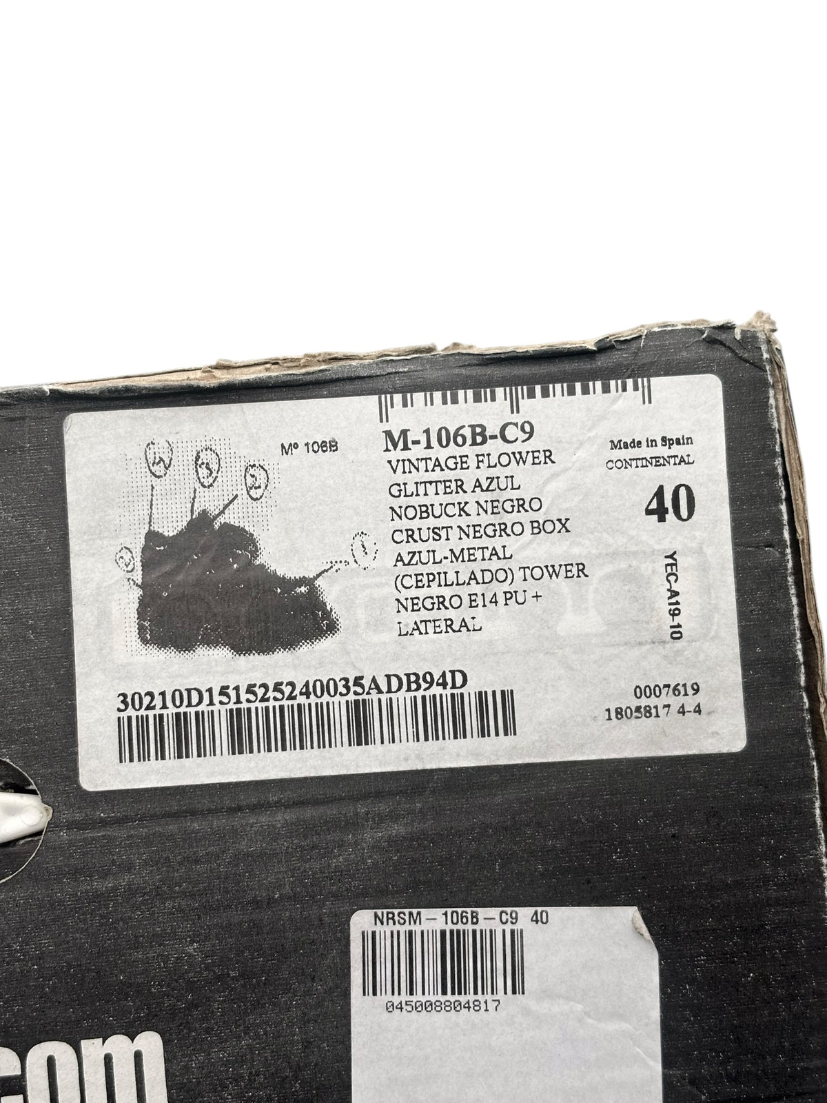 Platform boot box label, size 40, Made in Spain, model M-106B-C9