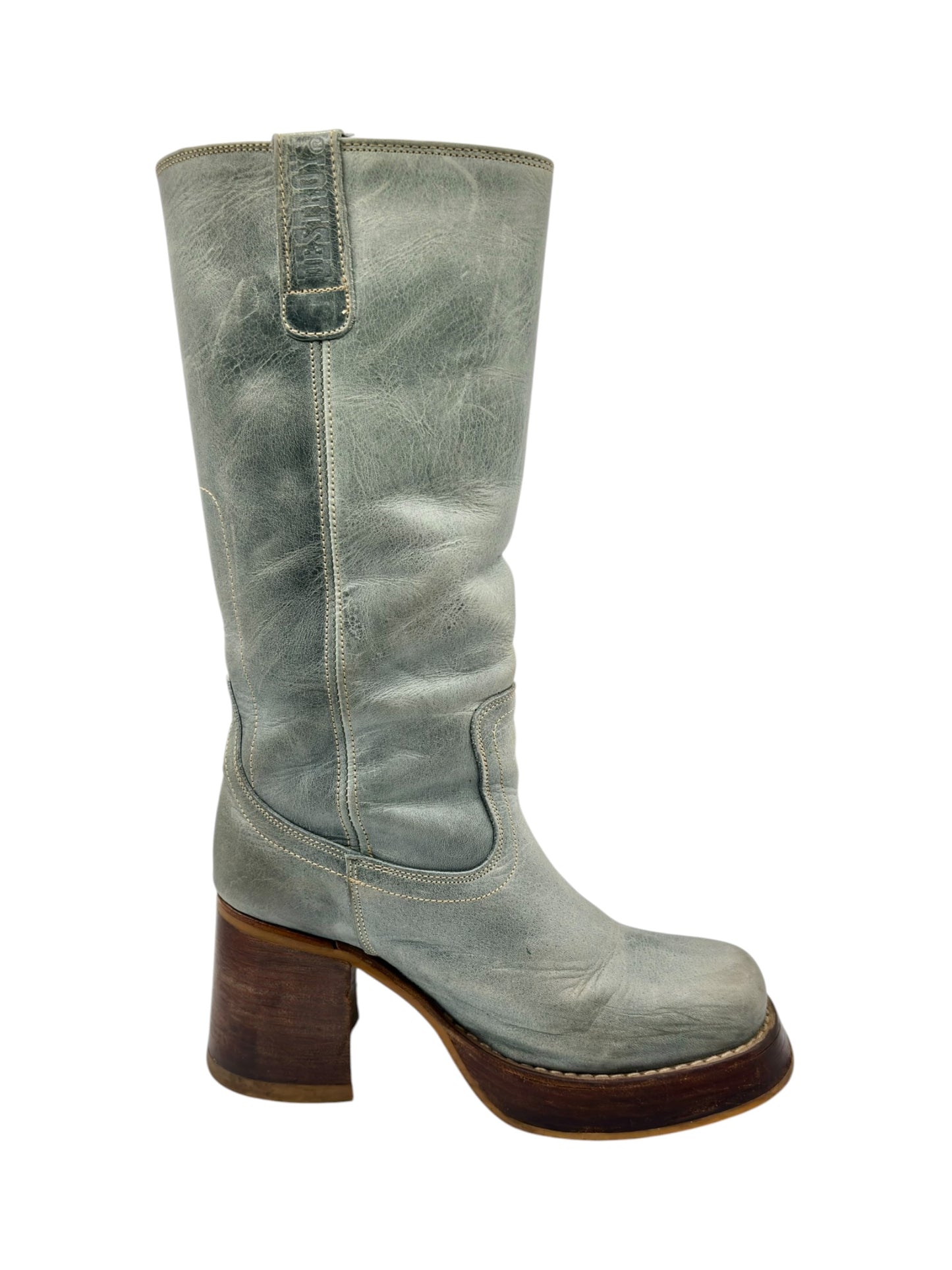 Vintage Destroy green block platform leather boots