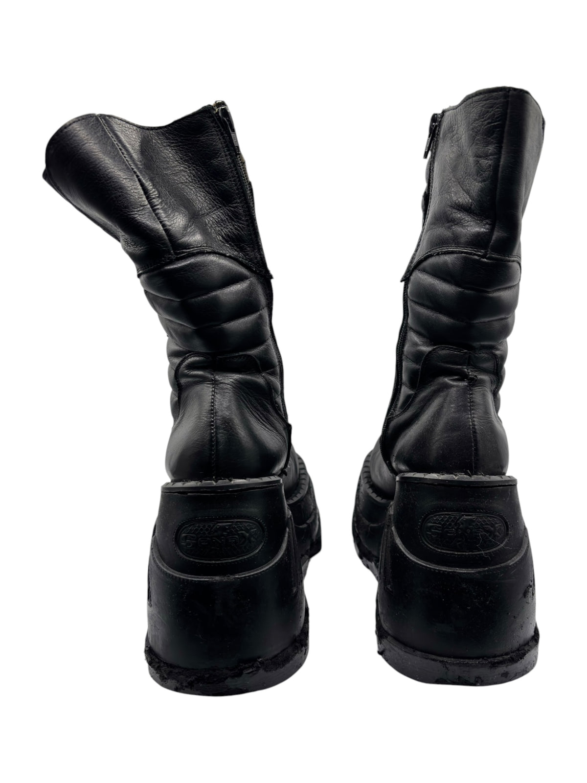 Black mid-calf leather platform boots, back view with rounded heel support