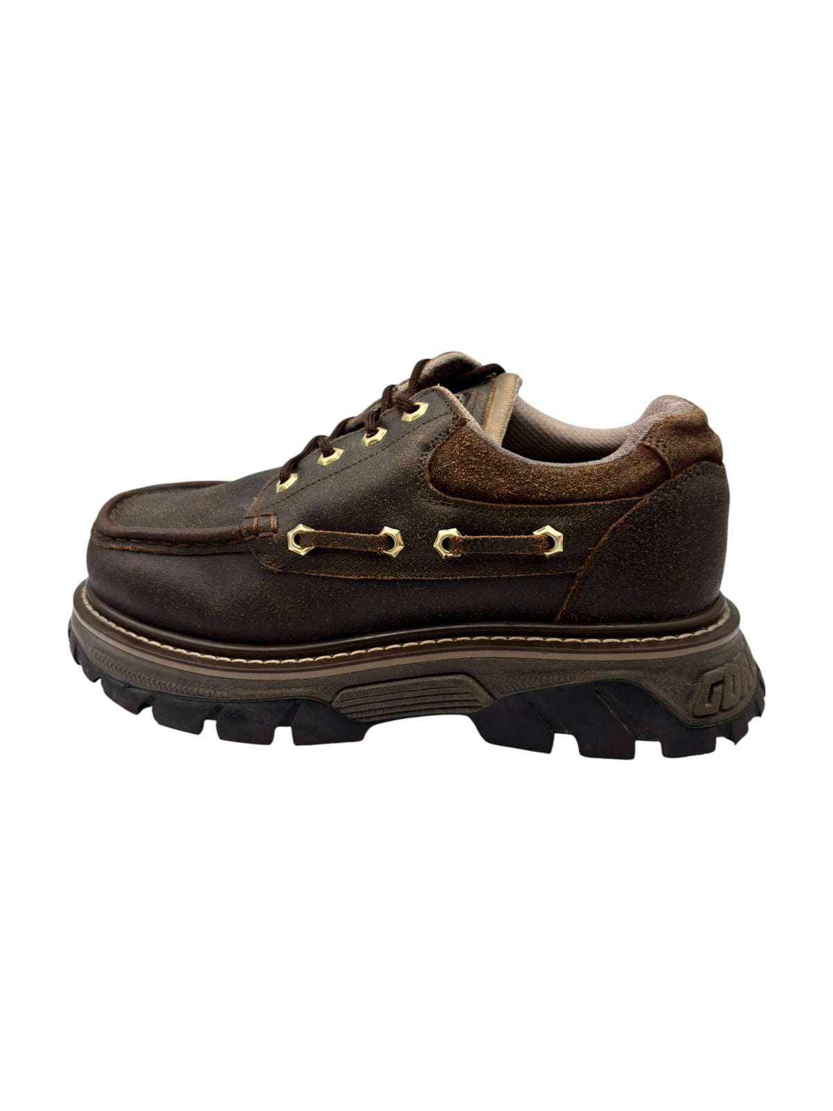 Brown leather platform lace-up boots with gold buckle-style straps