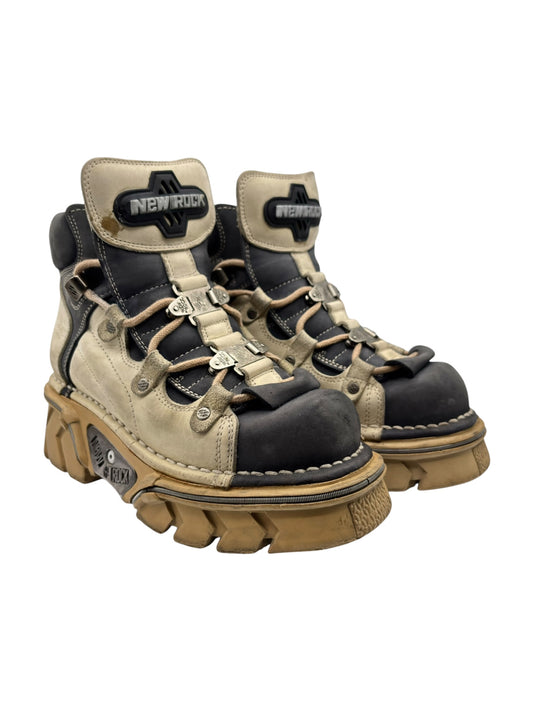 Vintage New Rock beige and dark leather platform boots with thick lug soles and ankle straps