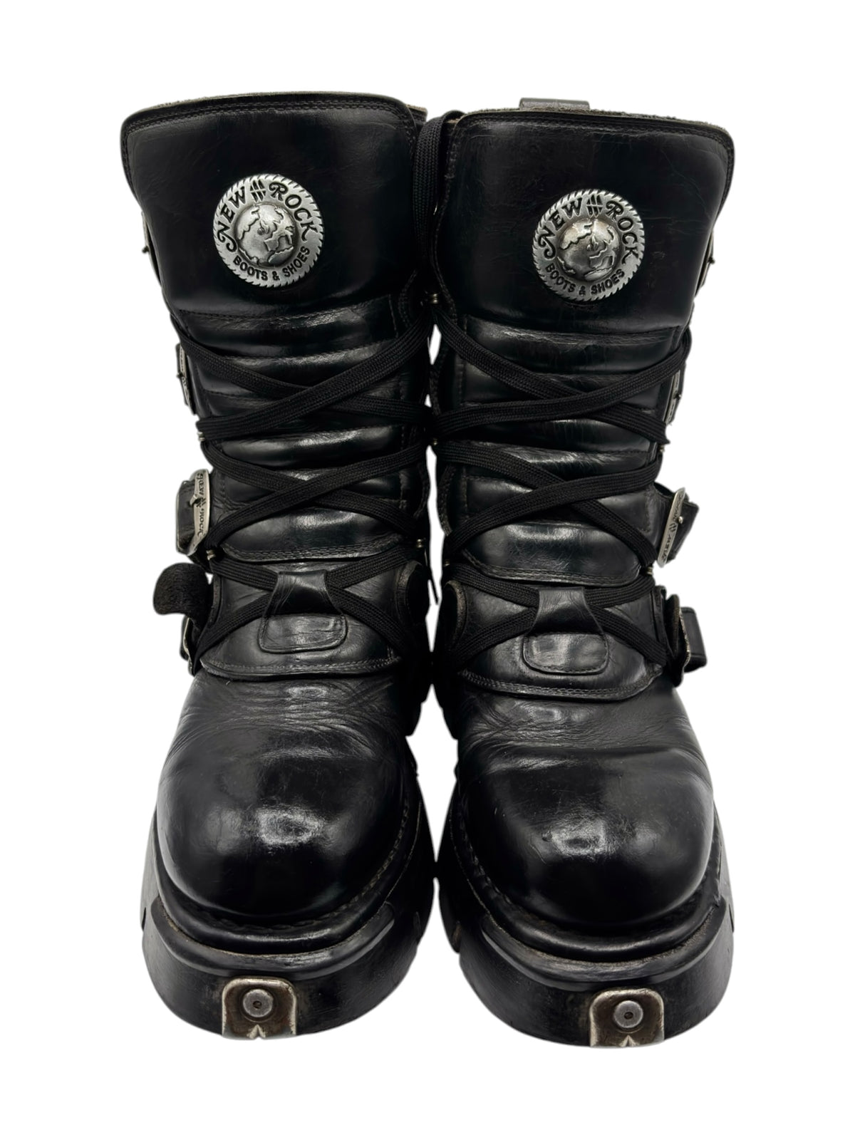 Vintage New Rock mid-calf buckled boots, black leather, lace-up with side buckles