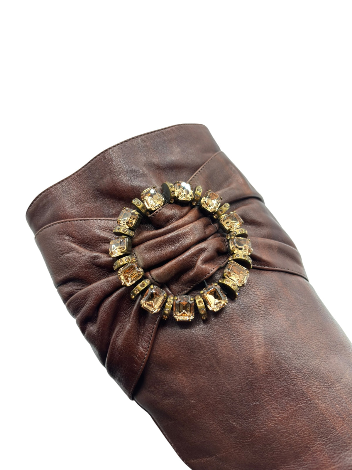 Knee-high boots with ruched cuff and gold beaded wreath embellishment