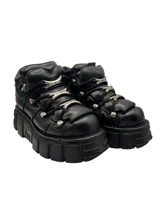 Black platform lace-up boots set of two, chunky tread and silver hardware