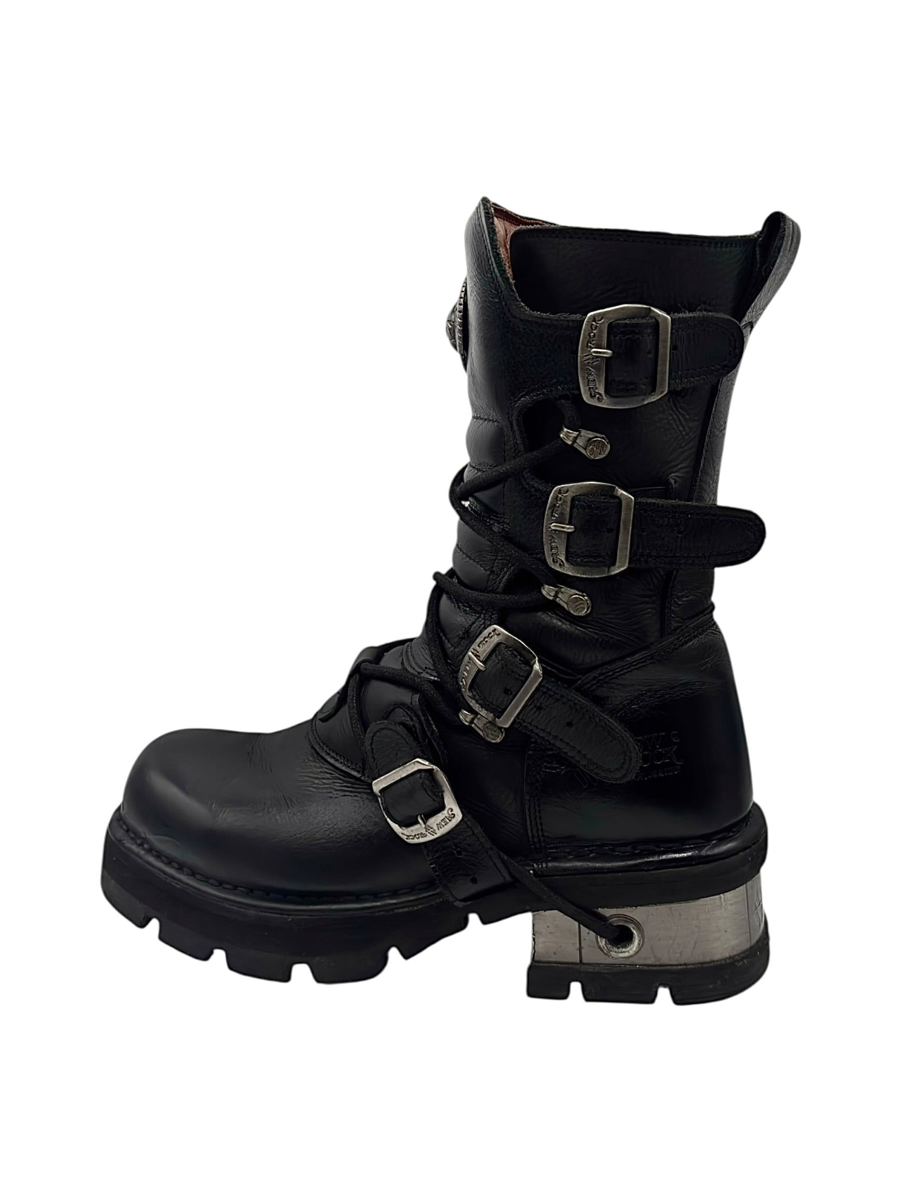 Vintage New Rock buckled raised-heel mid-calf leather boots size 42