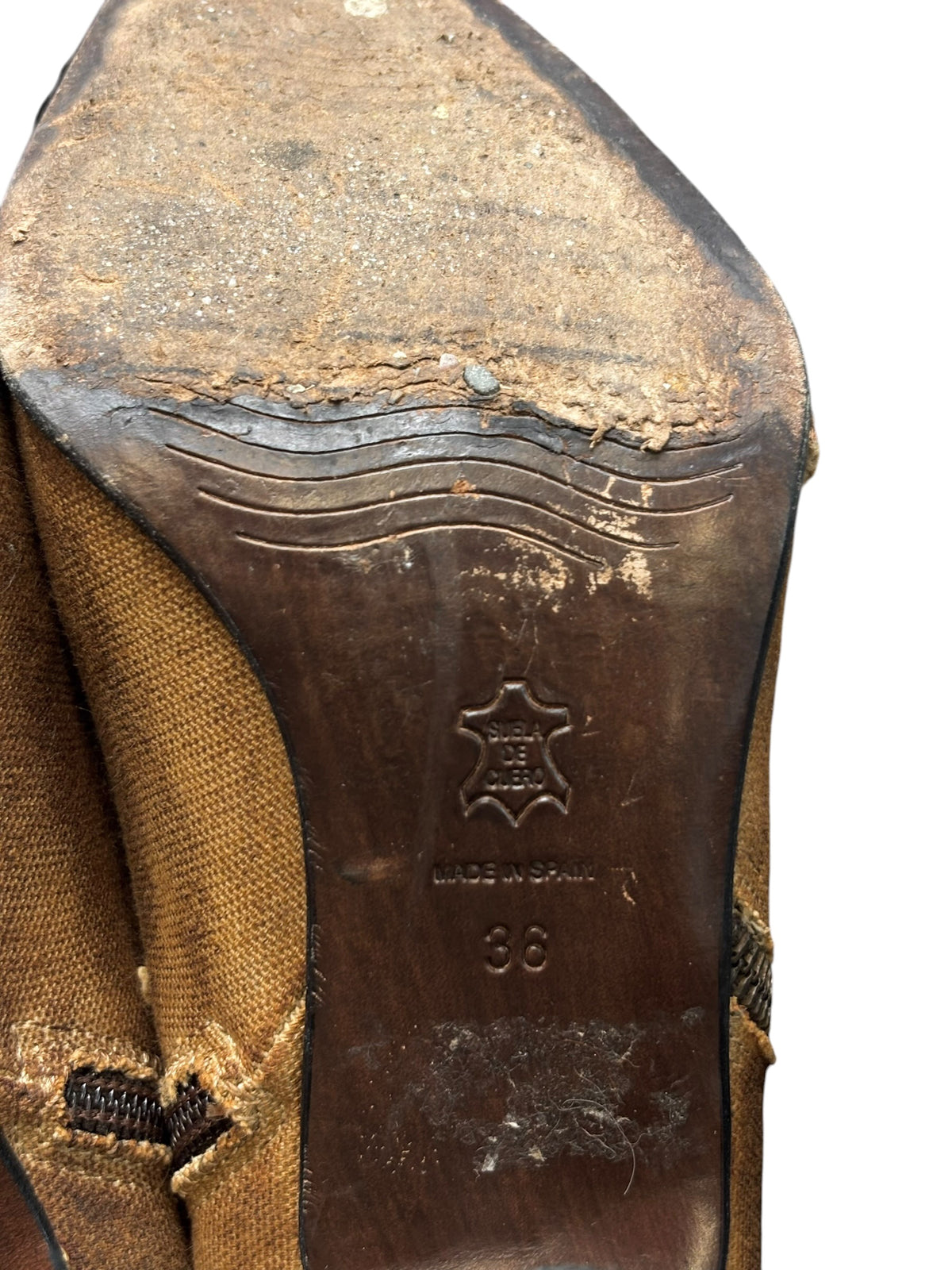 Close-up of boot heel and outsole markings, with “36” size stamp