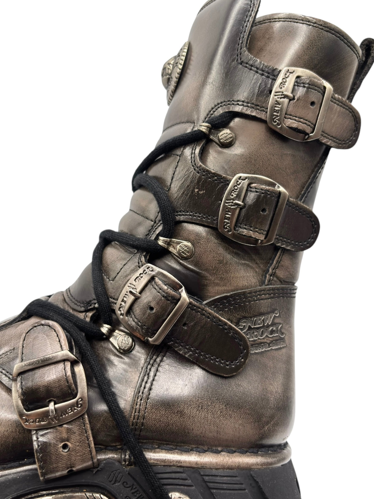 Vintage New Rock leather boots with multiple buckled straps and lace-up closure