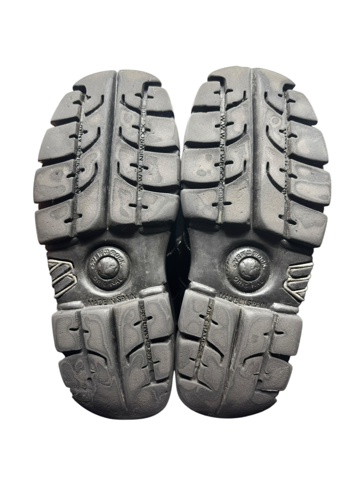 Pair of Vintage New Rock platform boots, underside view with chunky tread soles