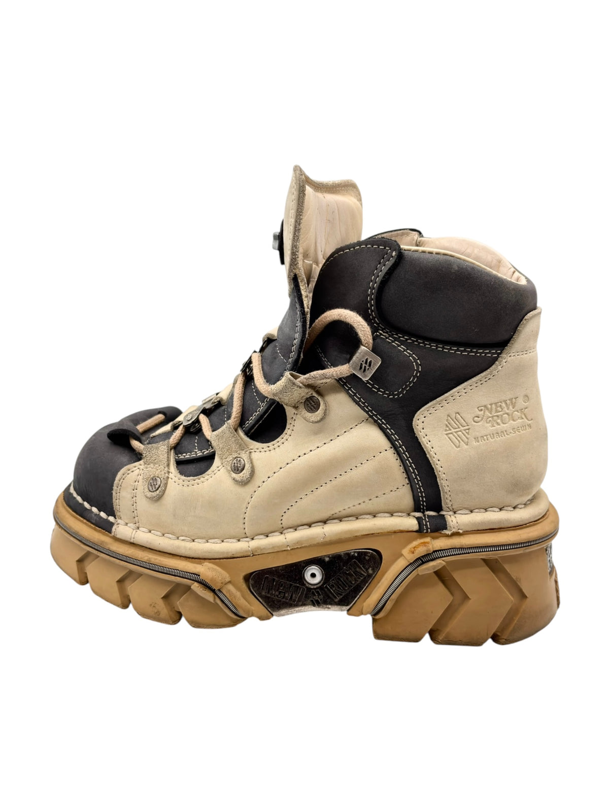 Beige and black leather lace-up platform boots with side zip and buckle strap