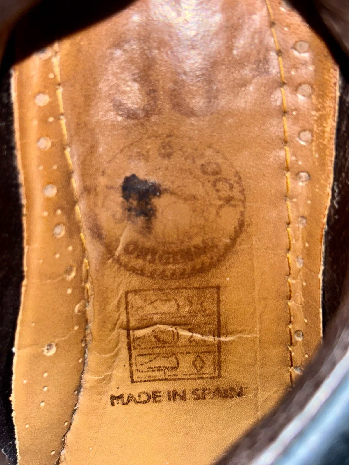 Vintage platform boots, tan leather insole with “Made in Spain” stamp.