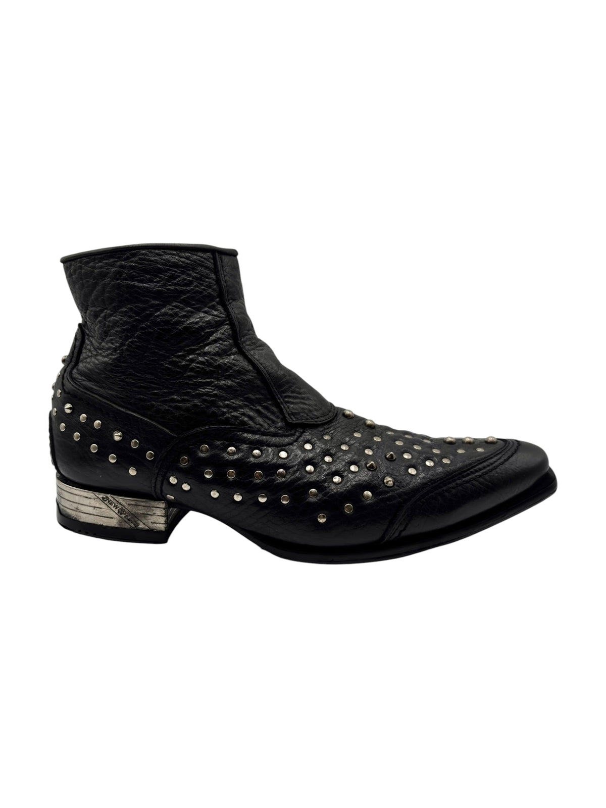 Black cowboy ankle boot with gold-tone stud trim across the toe and sides.