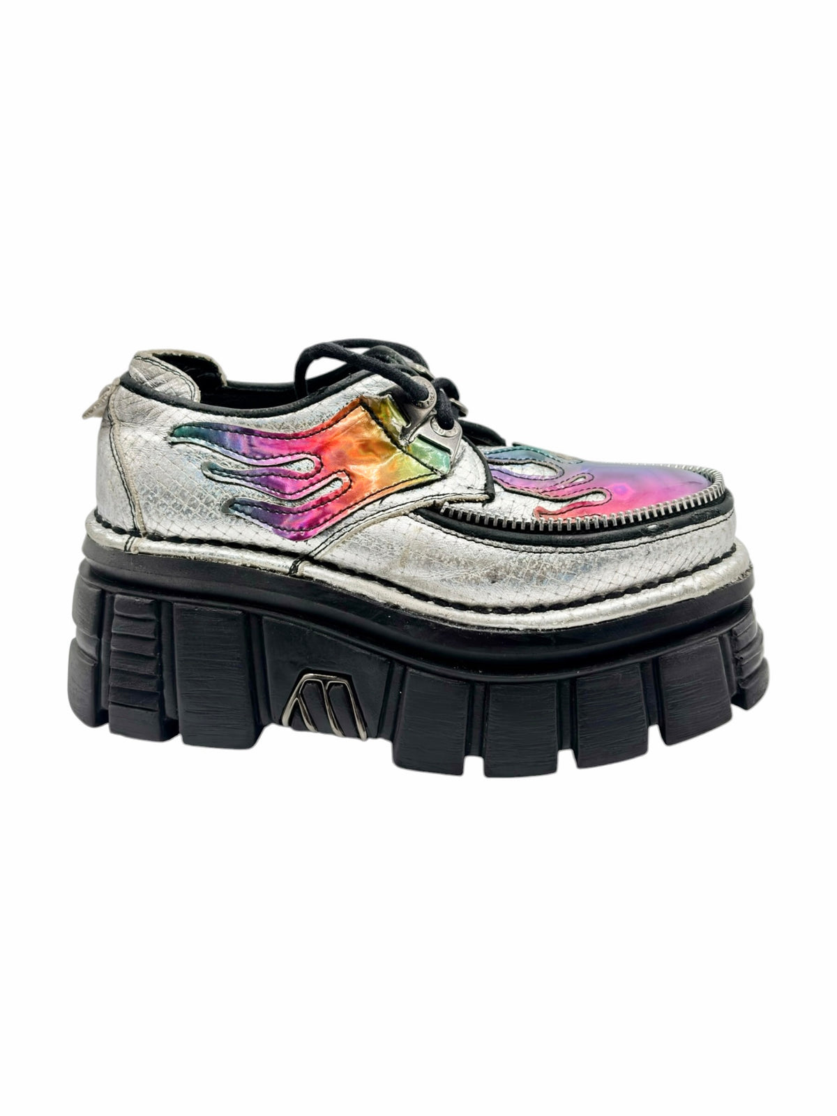 White platform ankle boots with multicolor flame design and textured toe panel