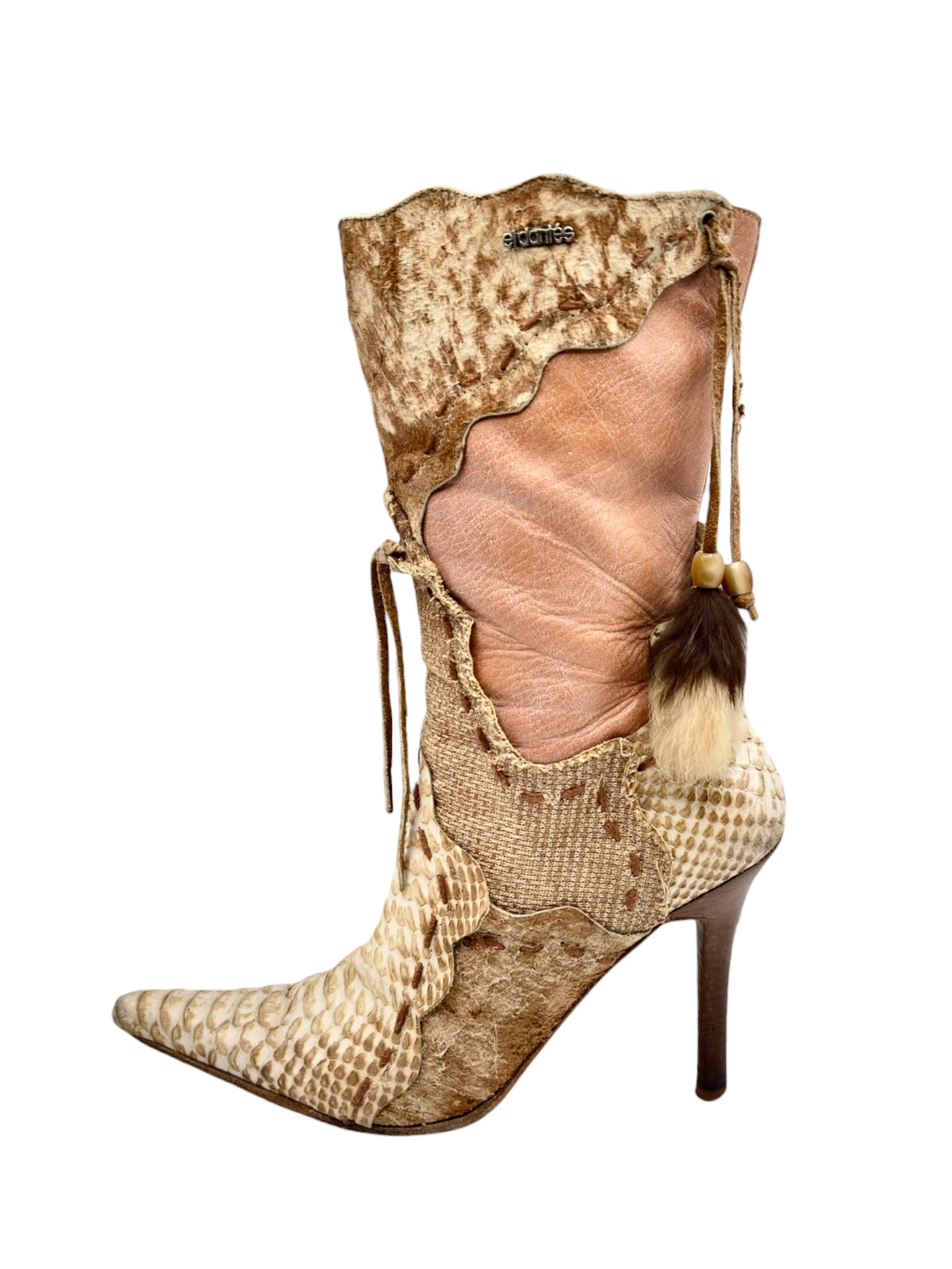 Beige snake-pattern leather heeled boots with tan side panels and drawstring