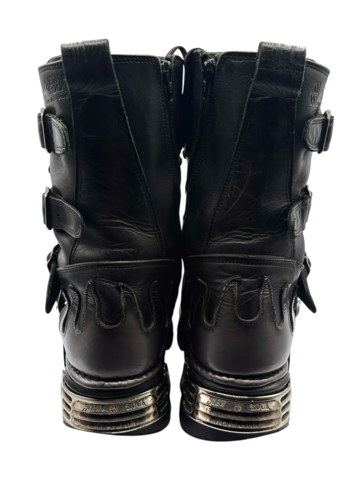 Black New Rock Reactor boots back view with twin ankle openings and buckle details.