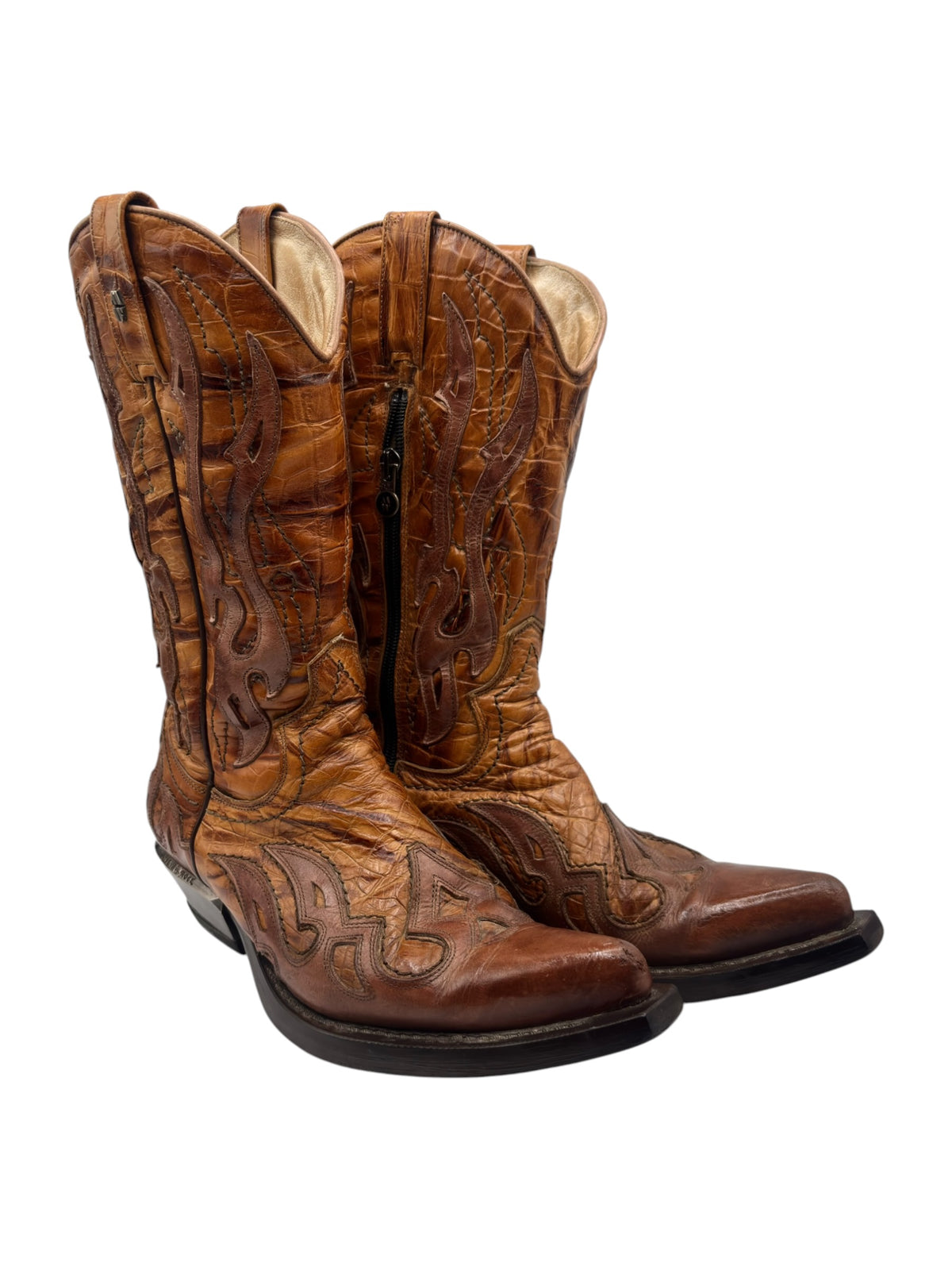 New Rock mid-calf cowboy boots, brown flame-stitched leather, western pull tabs